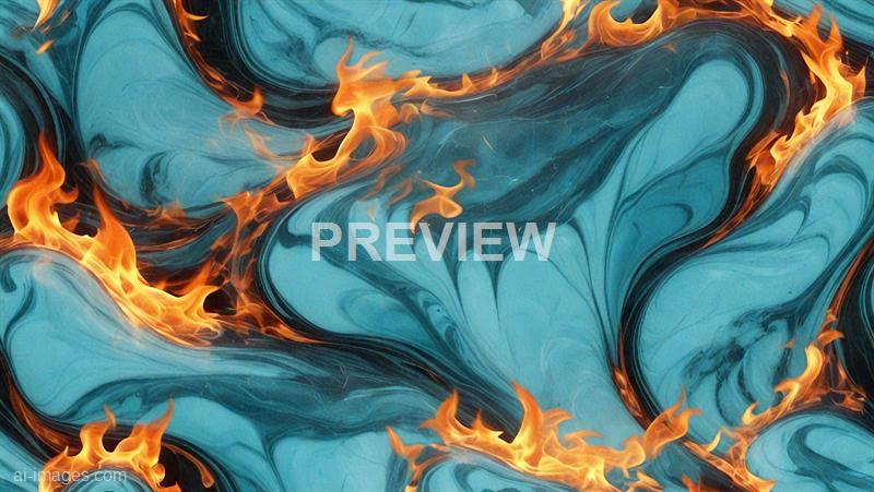 The image features an abstract design with swirling patterns of bright orange flames intertwined with flowing shades of blue and black, resembling a dynamic mixture of fire and water. The flames appear to be moving across the image, creating a sense of energy and movement, while the blue and black swirls add depth and contrast to the fiery elements. The overall composition is vibrant and visually striking, emphasizing the contrast between the warm and cool tones.
