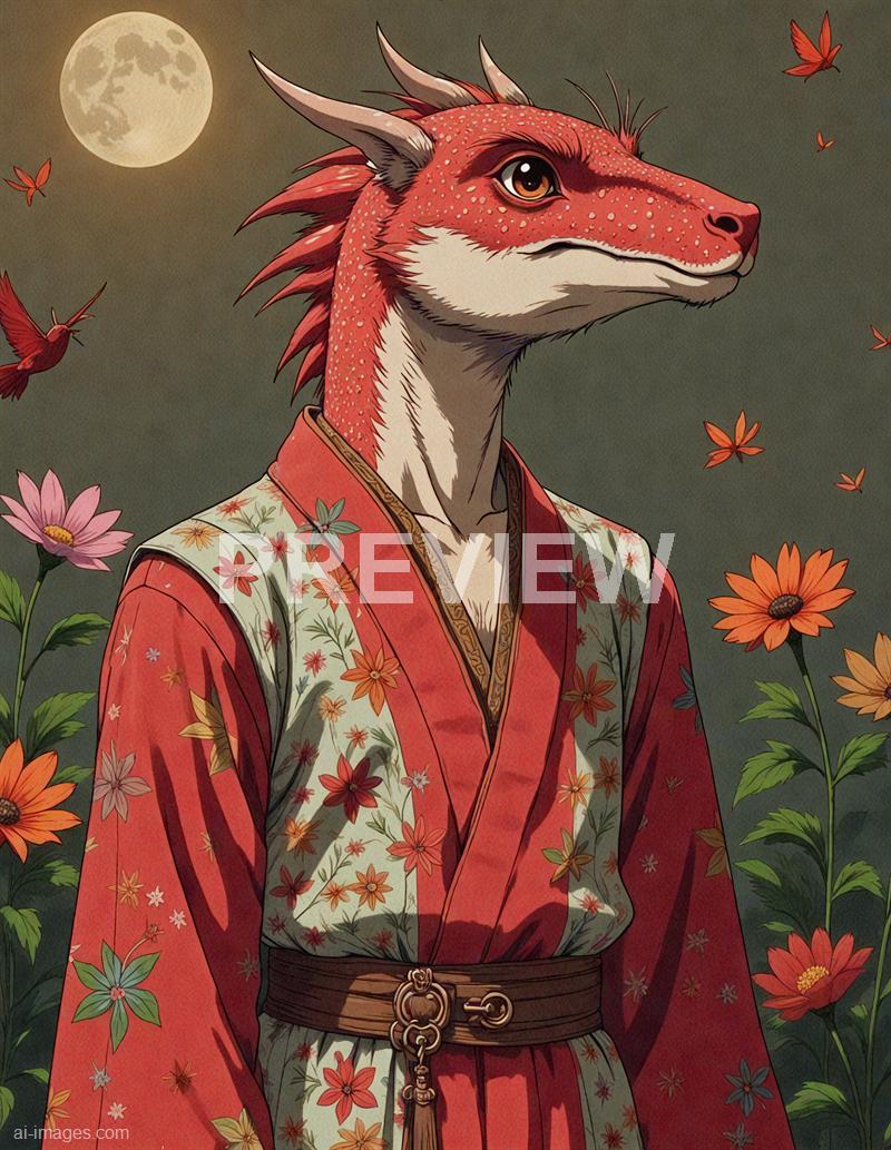 The image features an anthropomorphic fox standing outdoors at night, dressed in a traditional kimono with floral patterns in shades of red, cream, and green. The fox has detailed fur with a reddish hue, large expressive eyes, and prominent ears, with a background of a full moon illuminating the scene. Surrounding the fox are blooming flowers and flying butterflies, creating a serene and enchanting atmosphere.