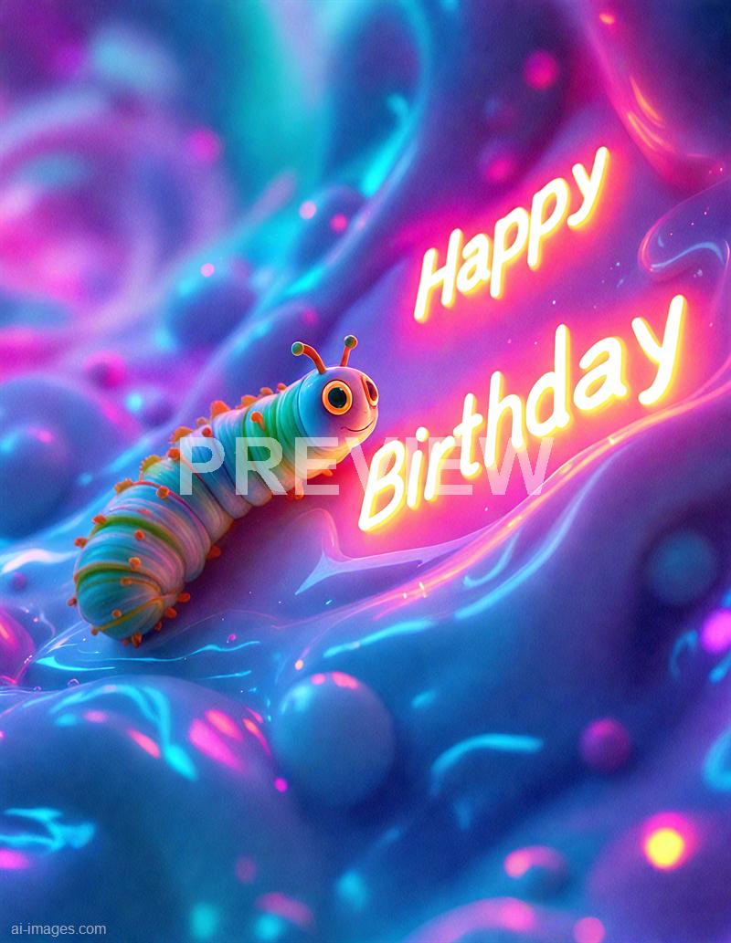 The image features a colorful, animated caterpillar with large, expressive eyes and a cheerful smile. It is set against a vibrant, abstract background filled with swirling, rainbow-like hues and glowing orbs, creating a whimsical and fantastical atmosphere. To the right of the caterpillar, there is bright, neon-style text that reads "Happy Birthday" in a playful font, enhancing the celebratory mood of the scene.