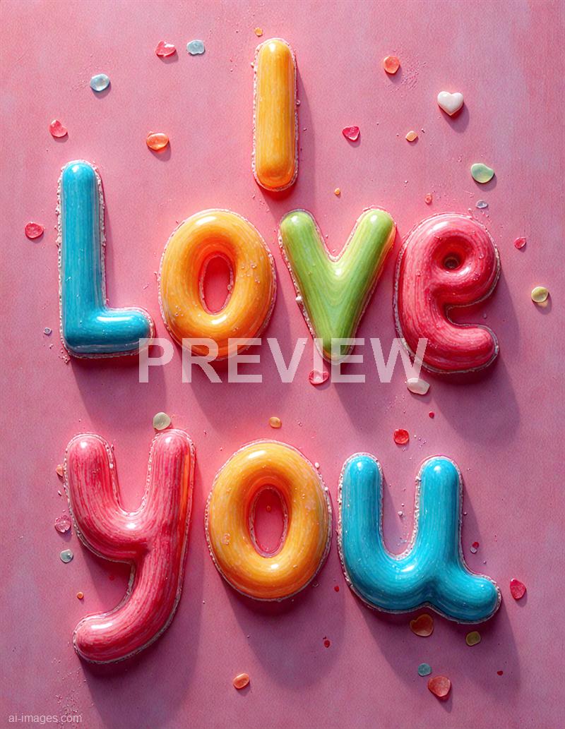 The image features the words "I LOVE YOU" spelled out in colorful, glossy, balloon-like letters arranged on a pink background. Small, multicolored heart and dot-shaped confetti are scattered around the letters, adding a playful and festive touch to the overall composition. The lighting creates subtle shadows, giving the letters a three-dimensional appearance.