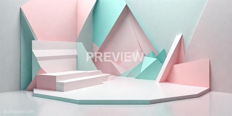 The image features a pastel-colored, geometric paper art scene with a variety of shapes including stairs, triangles, and polygons. The color palette consists of soft pinks, mint greens, and light blues, creating a calm and minimalist aesthetic. The scene appears to be an abstract, three-dimensional construction with layered paper elements arranged in a stylized landscape or architectural design.