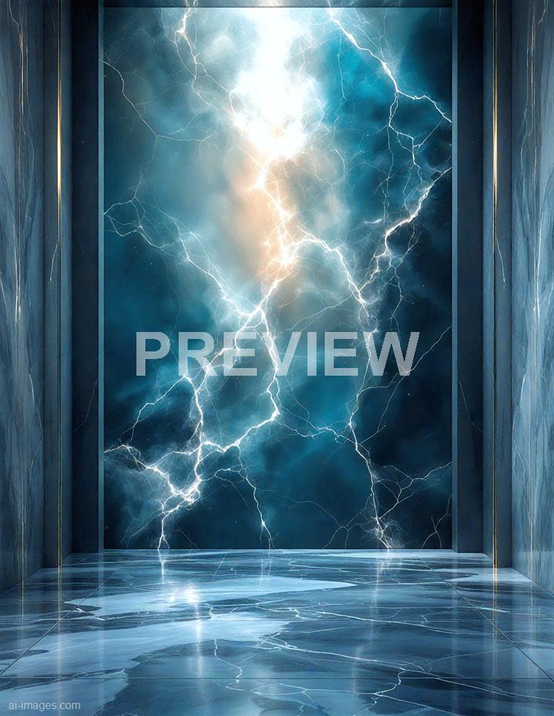 The image depicts a modern, enclosed space with marble or polished stone walls and floor, featuring a large, luminous lightning storm backdrop visible through an open doorway or window. The lightning illuminates the dark, cloudy sky with bright, jagged streaks of light, creating a dramatic contrast against the cool-toned interior. The reflections of lightning on the shiny floor add to the intense, stormy atmosphere, making it appear as if the room is gazing into a powerful natural event.