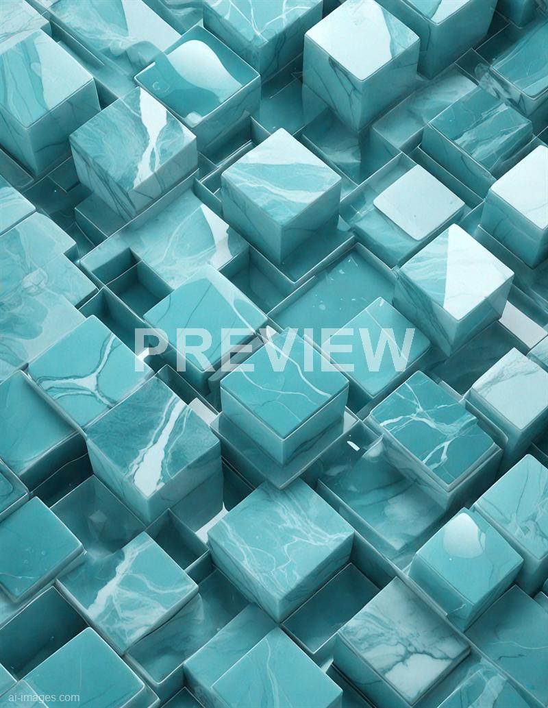 The image features an array of glossy, turquoise-colored marble cubes arranged in a seemingly random pattern. The cubes have a polished surface that reflects light, highlighting the natural white veining typical of marble, and they vary in size and elevation, creating a three-dimensional, textured appearance. The overall aesthetic is modern and minimalistic, with a focus on the smooth, reflective surface of the marble material.