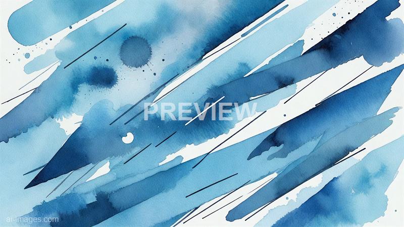 The image features an abstract watercolor painting with various shades of blue. It includes splashes, streaks, and drips of paint, creating a dynamic and textured composition with some darker spots and fine lines interspersed throughout the piece.