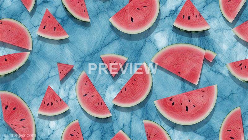 The image features numerous slices of watermelon arranged randomly on a textured blue surface. The slices vary in size and shape, showcasing the red flesh with black seeds, green rind, and white inner layer, creating a colorful and refreshing pattern. The surface beneath the slices appears to be a marble or stone texture with visible veins and cracks.