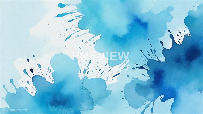 The image features an abstract watercolor painting with various shades of blue blending into each other. The design includes splashes, drips, and soft gradients, creating a fluid and dynamic composition that resembles ink or paint spreading across the canvas. The overall effect is vibrant and expressive, emphasizing movement and spontaneity.