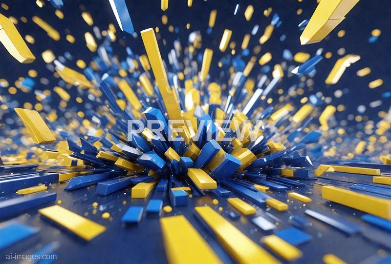The image depicts an abstract scene with numerous elongated rectangular bars in blue and yellow colors, arranged in a dynamic, explosive pattern radiating outward from a central point. The bars vary in size and orientation, creating a sense of depth and movement against a dark background, with some smaller particles scattered throughout the scene. The overall composition gives an impression of energy and motion, with the contrasting colors enhancing the visual impact.