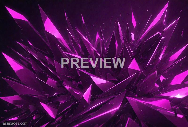 The image features an abstract arrangement of sharp, angular, crystalline structures illuminated with vibrant purple and pink hues. These jagged shapes seem to radiate outward from a center, creating a dynamic, energetic visual effect against a dark background, with some small particles or specks scattered throughout the scene. The overall composition gives a futuristic, digital, or sci-fi aesthetic.