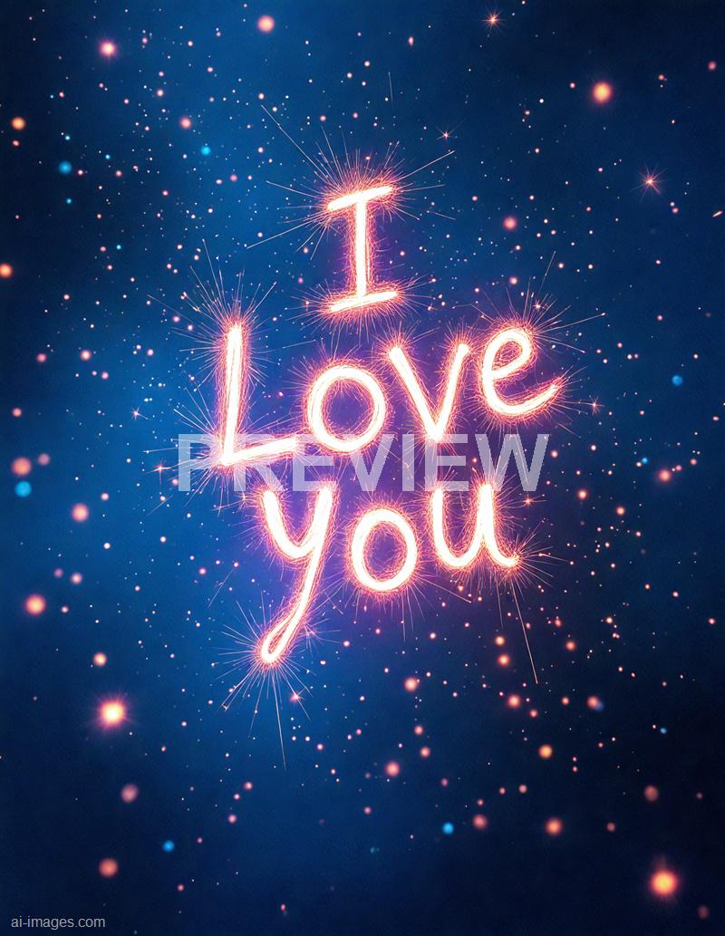 The image features the phrase "I Love You" written in bright, glowing sparkler-style letters against a dark blue background. Surrounding the text are numerous small, colorful light particles resembling sparks and stars, creating a festive and romantic atmosphere. The overall effect is vibrant and celebratory, emphasizing love and affection.