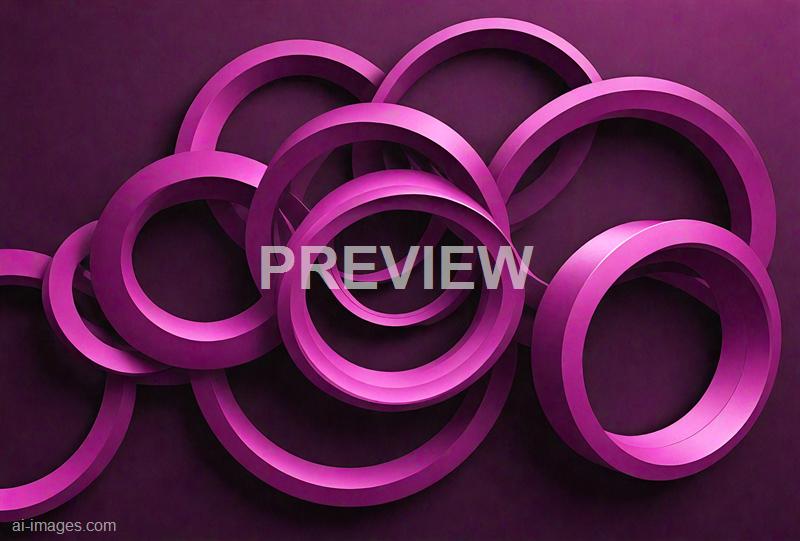 The image features multiple interlocking rings in various sizes, all painted in a vibrant pink color. These rings are arranged in an overlapping pattern against a dark background, creating a sense of depth and visual interest with a smooth, matte finish on the rings. The overall composition presents a modern, abstract aesthetic with a focus on geometric shapes and bold color contrast.