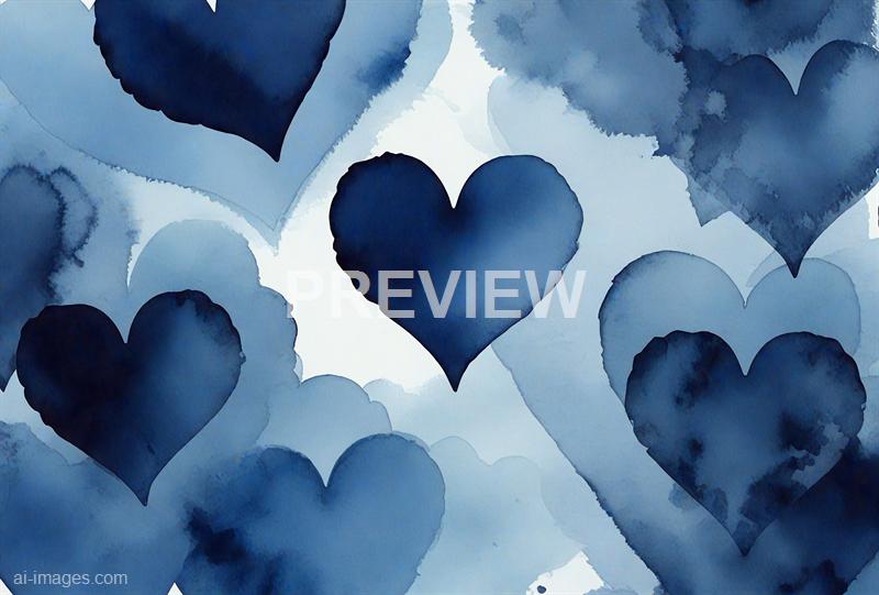 The image features multiple heart shapes painted in shades of blue, with some variation in tone and saturation. These hearts appear to be watercolor, with soft edges and a slightly diffuse appearance, overlapping each other against a light background that enhances the layered effect. The overall composition creates a dreamy, abstract pattern focused on love and emotion conveyed through the heart motifs.