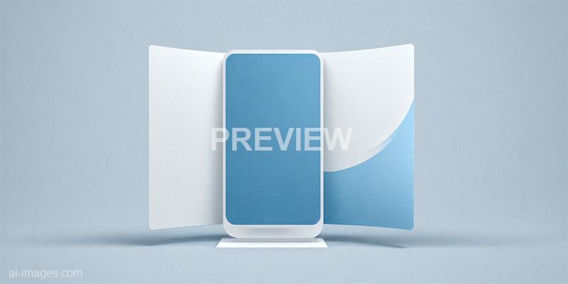 The image features a modern, sleek, and minimalistic smartphone standing upright on a flat surface. It is surrounded by a partially open, three-panel folding case that is light blue and white, with a curved design element on the right panel. The background is a soft, textured gradient of light blue, complementing the colors of the phone case and creating a clean, professional appearance. The focus is on the phone and its stylish case, with no additional objects present.