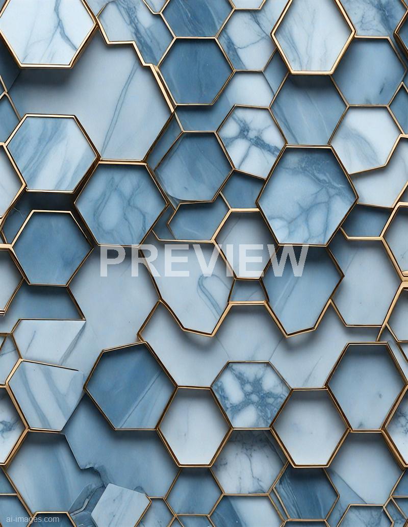 The image features an intricate pattern of hexagonal marble pieces with varying shades of blue, from light to dark, bordered by thin metallic gold framing. The marble surfaces display natural veining and marbling patterns, creating a textured and elegant appearance. The hexagons are arranged in a seemingly random but visually appealing manner, forming a mosaic-like design.
