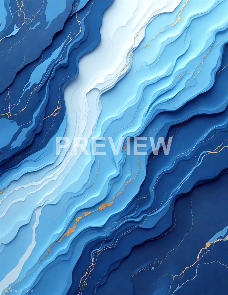The image features a layered, abstract design resembling a topographical map or a cross-section of geological strata. It consists of various shades of blue, from light to dark, with delicate gold veins running through the layers, adding intricate detail and contrast. The flowing, wavy lines create a sense of depth and movement across the composition.