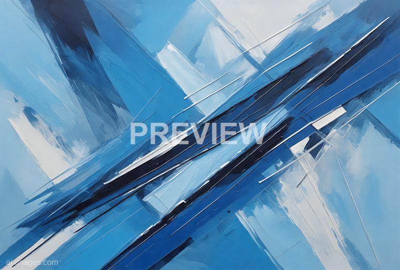 The image features an abstract composition dominated by various shades of blue, white, and black. It appears to be a stylized or digital painting of a modern glass building with sharp angular lines and reflections, creating a dynamic and futuristic impression. The image emphasizes geometric shapes and light reflections, giving a sense of depth and motion.