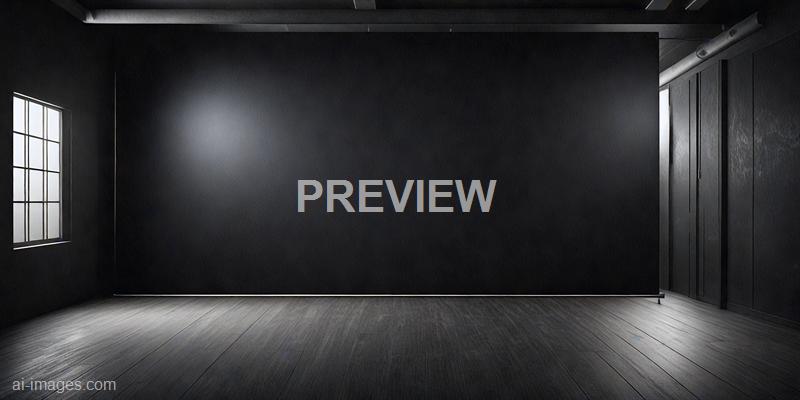 The image depicts an empty room with dark, textured walls that appear to have a subtle pattern. Light streams in from a single window on the left, illuminating the wooden floor and creating soft shadows, while the right side of the room features a closed door and visible piping along the ceiling, giving an industrial or minimalist aesthetic.