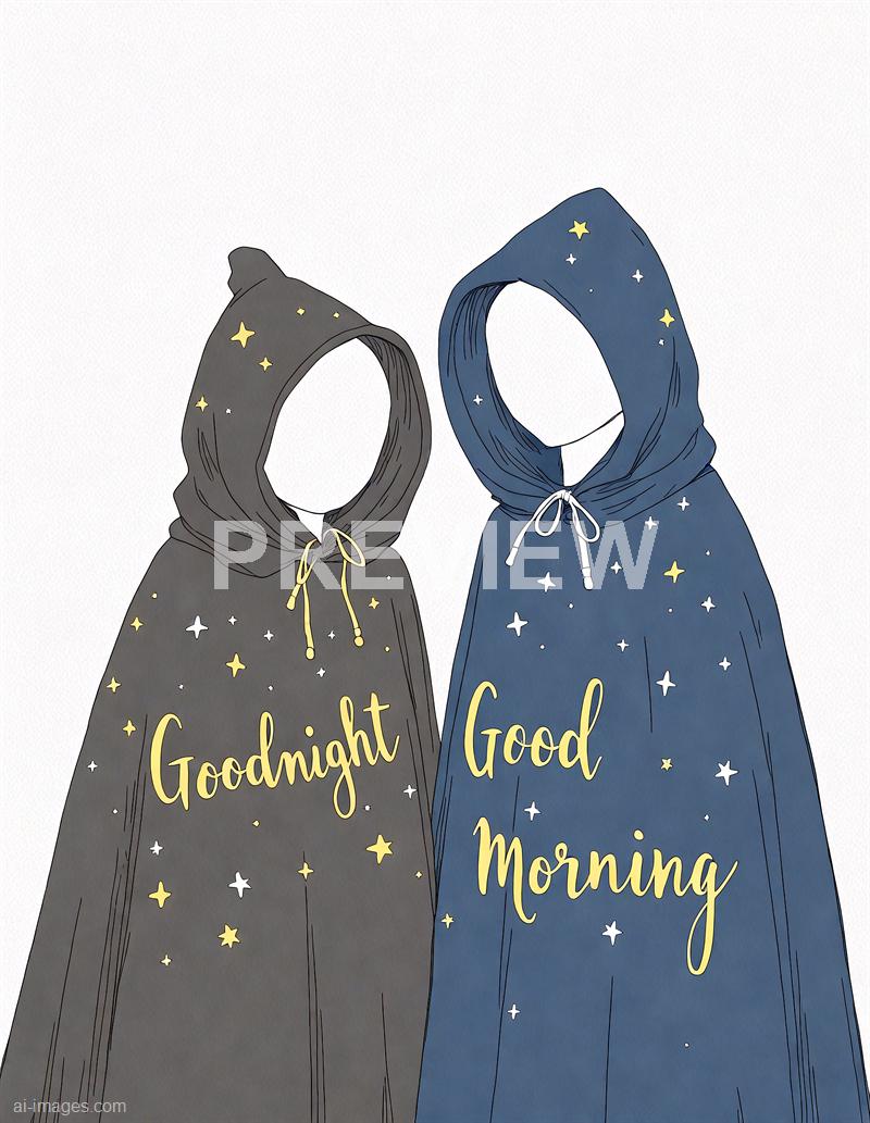 The image features two illustrated figures wearing hooded cloaks with star patterns. The cloak on the left is dark gray with "Goodnight" written in cursive, while the one on the right is navy blue with "Good Morning" written in similar script. Both cloaks have drawstrings at the neck, and the figures' faces are not visible, emphasizing the text and star motifs. The background is plain white, highlighting the colorful cloaks and the messages they carry.