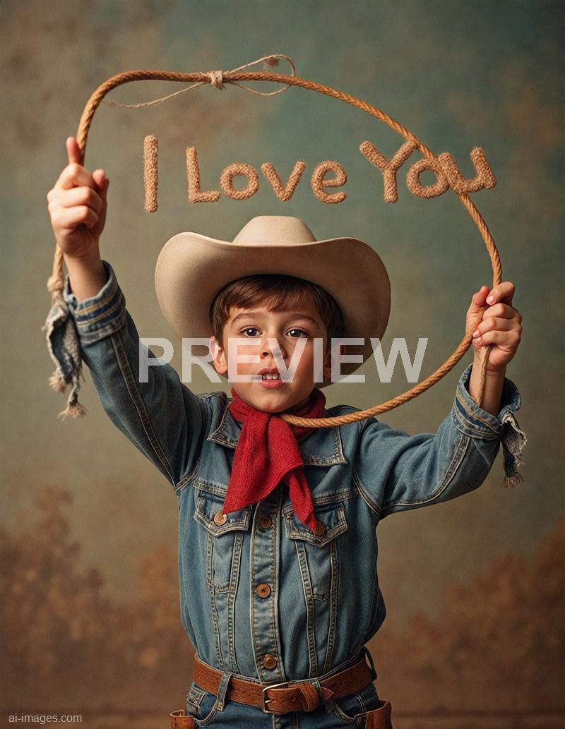 A young boy dressed in a cowboy outfit, including a large beige cowboy hat, denim shirt, and a red neckerchief, is holding up a circular rope frame with both hands. The rope frame has the words "I Love You" crafted from the same rope material hanging across the top. The background is a softly blurred, warm-toned backdrop, giving a rustic, country vibe to the scene.