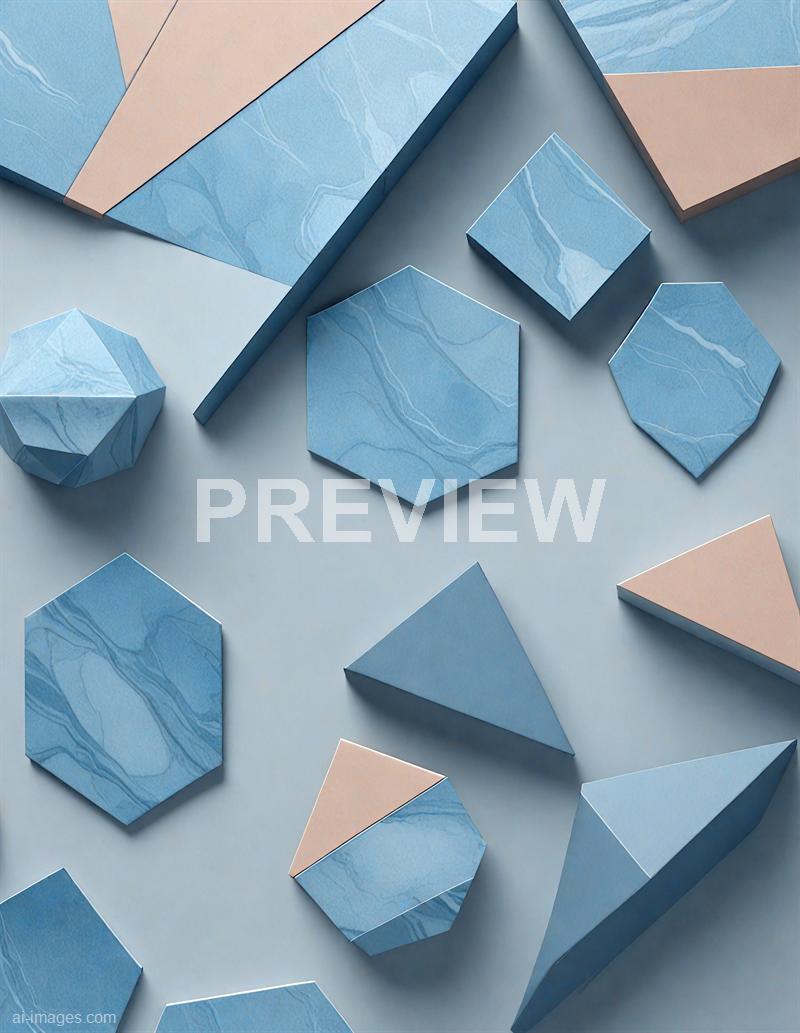 The image features an arrangement of various geometric shapes made from paper or cardboard, with a marble-like blue and pink pattern on their surfaces. The shapes include hexagons, triangles, and a dodecahedron, placed on a light-colored background, creating a visually appealing pattern with clean lines and a minimalist aesthetic. Some shapes are layered or partially overlapped, emphasizing their three-dimensional form and the textured surface of the materials.