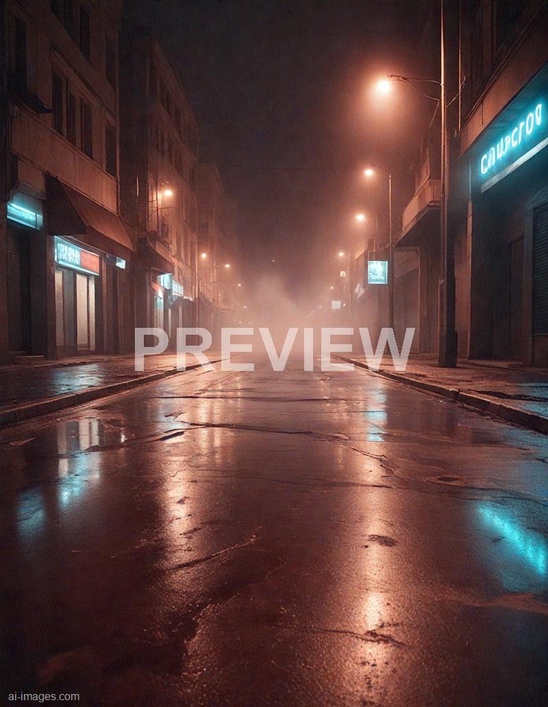 The image depicts an empty city street at night, shrouded in dense fog that limits visibility and adds a mysterious atmosphere. The street is wet, reflecting the glow of streetlights and illuminated signs on the buildings, which appear closed or shuttered, suggesting a quiet or deserted area. The scene is illuminated by warm orange streetlights, contrasting with the cool blue reflections on the wet pavement, and the fog gives the entire scene a surreal, almost cinematic quality.