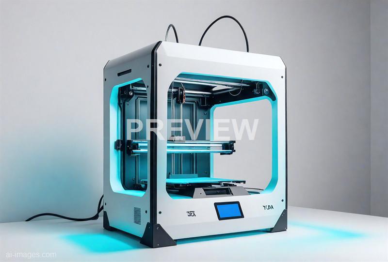 The image features a modern 3D printer with a sleek, white exterior and black accents, situated on a white surface against a neutral background. The printer's interior components, including the print bed and extruder, are visible through a large, open-front design, illuminated by soft blue lighting that highlights its technological details. Cables are connected at the top, indicating it is powered and ready for use.