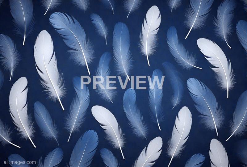 The image features an arrangement of feathers in various shades of blue and white, scattered across a dark background. The feathers are detailed with visible barbs and delicate wispy tips, creating a sense of lightness and softness throughout the composition.