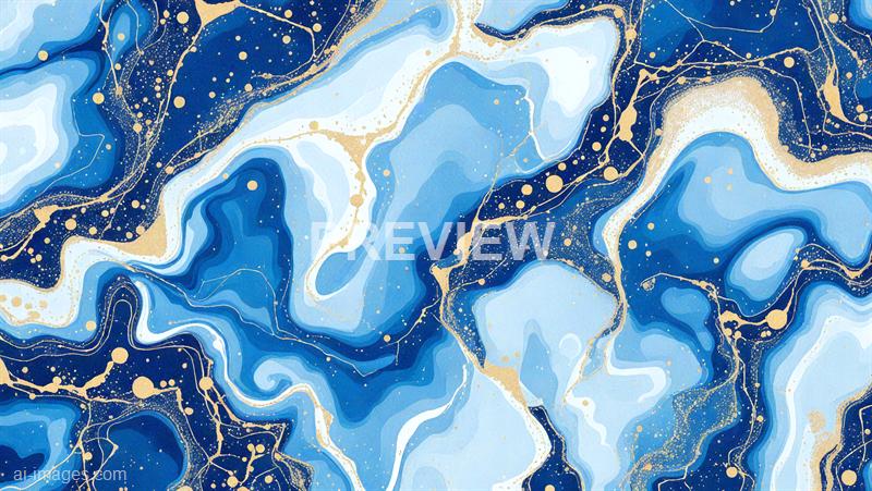 The image features an abstract marbled pattern with swirling shades of blue ranging from dark navy to light sky blue, accented by elegant gold veins and splatters that create a sense of movement and depth. The gold details are dispersed irregularly across the composition, adding a touch of luxury and contrast to the fluid, organic shapes of the blue tones. The overall effect is dynamic and visually captivating, reminiscent of a cosmic or oceanic scene rendered in an artistic style.