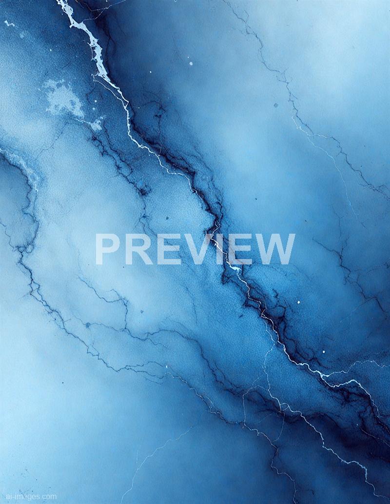 The image features an abstract watercolor painting dominated by various shades of blue, from light to dark. There are intricate, vein-like white and darker blue lines running through the composition, resembling cracks or lightning strikes, with a textured, mottled background created by the watercolor technique, giving a sense of depth and movement.