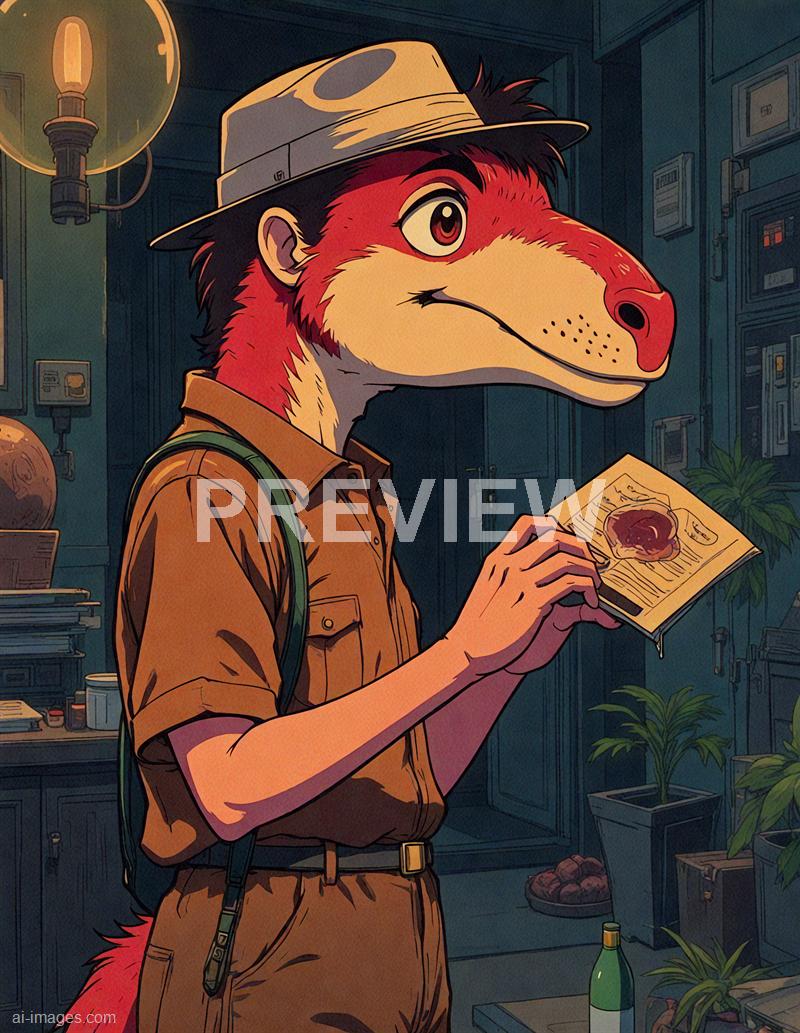 The image depicts an anthropomorphic dinosaur character dressed as an explorer or scientist, wearing a tan safari outfit, a matching wide-brimmed hat, and carrying a green strap backpack. The dinosaur is holding and reading a booklet or journal, with a detailed indoor setting in the background that includes potted plants, shelves, and cabinets, illuminated by warm lighting from an overhead lamp. The environment appears to be a laboratory or office filled with scientific and botanical items.