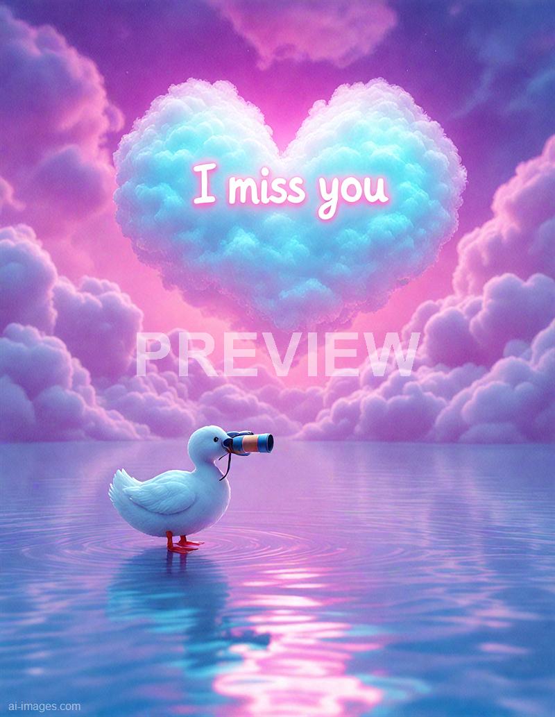 The image features a whimsical scene with a seagull standing in calm water, holding a binoculars in its beak. Above, a large, fluffy cloud shaped like a heart glows with pink and purple hues, with the words "I miss you" written across it in a bright, playful font. The background is filled with soft, colorful clouds and a serene sky, creating a dreamy and emotional atmosphere.