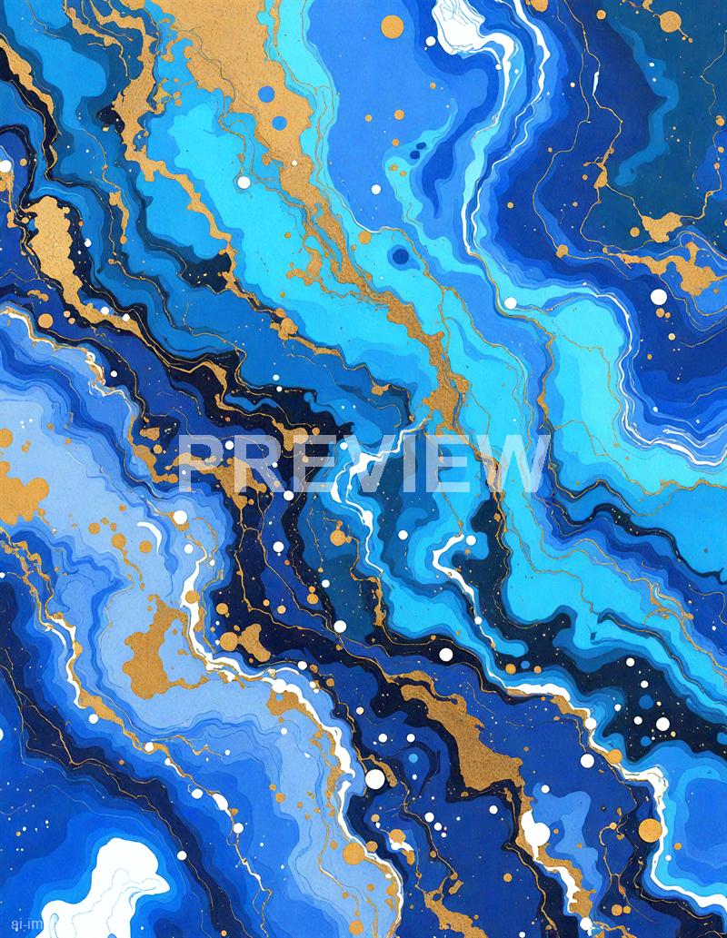 The image showcases an abstract artistic design featuring swirling patterns in various shades of blue, ranging from light to dark. Gold accents are intricately woven throughout the composition, creating a striking contrast and giving the appearance of flowing veins or marbled textures. White and darker spots are scattered across the design, adding depth and visual interest to the overall piece.