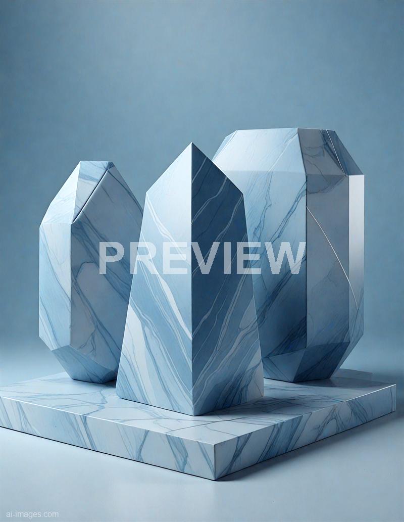 The image features a modern, abstract sculpture made of marble with a light blue and white veined pattern. It consists of four geometric, angular shapes arranged on a rectangular base, with each shape varying in height and form, creating a dynamic and contemporary visual effect. The background is a gradient of soft blue tones, complementing the marble's natural patterns and emphasizing the sculpture's sleek, polished surface.
