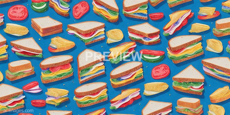 The image features numerous miniature sandwich and snack illustrations scattered across a blue background. The sandwiches are layered with ingredients such as lettuce, tomato, cheese, and deli meats, all depicted in a colorful, cartoon-like style. There are also some slices of tomato and pieces of chips interspersed among the sandwiches, creating a playful, food-themed pattern.