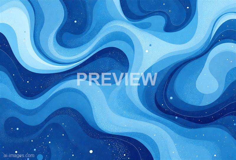 The image features an abstract design with swirling patterns and flowing shapes in various shades of blue, ranging from light to dark. It includes tiny white dots scattered across the composition, resembling stars or particles, creating a sense of depth and movement reminiscent of a cosmic or underwater scene. The overall effect is dynamic and visually captivating, with smooth curves and a fluid, ethereal quality.