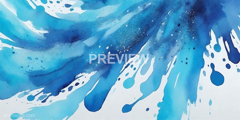 The image features an abstract watercolor painting with various shades of blue blending seamlessly into each other. It has dynamic splashes, drips, and splatters that create a sense of movement and energy, with some areas showing lighter washes and others darker, more intense hues. The painting appears to have been created with fluid brushstrokes, giving it a lively and spontaneous feel.