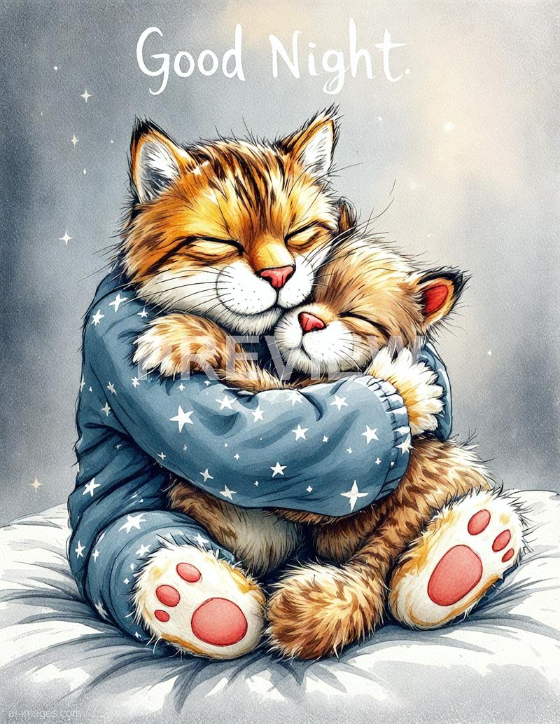 The image features an adorable illustration of two cats hugging each other with closed eyes, conveying a sense of warmth and affection. They are dressed in cozy, star-patterned pajamas, and the background is a soft, gradient sky with tiny twinkling stars, along with the text "Good Night" written at the top. The overall scene evokes comfort, love, and the peaceful feeling of bedtime.
