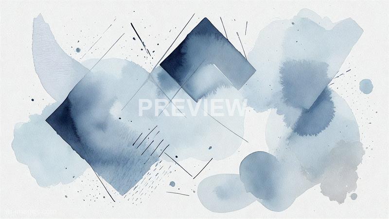 The image features an abstract watercolor design with various shades of blue and gray. It includes splashes, splatters, and geometric shapes such as rectangles and lines, creating a layered and textured appearance on a white background.