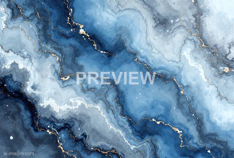 The image features an abstract watercolor painting with various shades of blue, ranging from light to dark, blending seamlessly into one another. Thin, irregular gold lines run throughout the piece, creating a marbled effect that evokes the appearance of natural stone or mineral veins. The textured watercolor surface adds depth and movement to the composition.