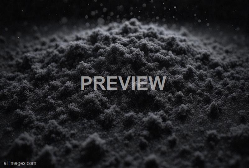 The image shows a close-up of a pile of fine, dark-colored powder spread across a surface. The powder has a slightly uneven texture with small clumps and a matte finish, and tiny particles are suspended in the air above it, suggesting it was recently disturbed or poured. The lighting is subdued, emphasizing the granular detail and creating a moody, dramatic effect.