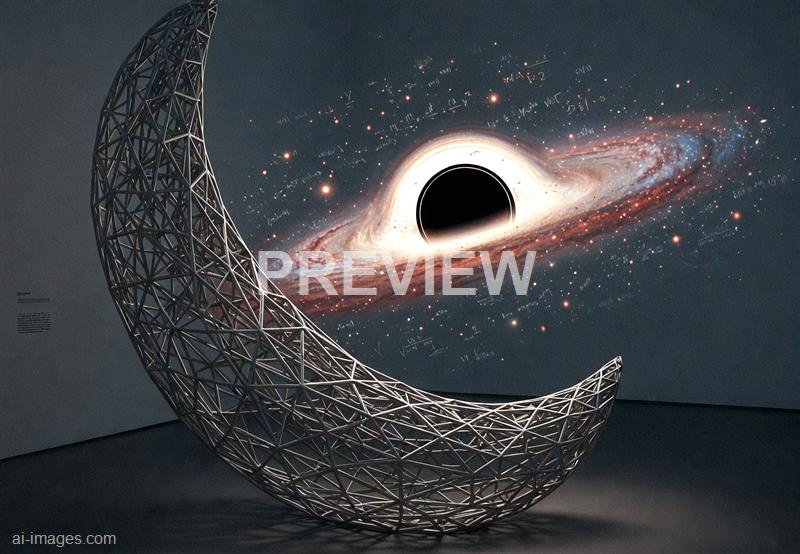 The image features a modern, artistic sculpture resembling a crescent moon made of a lattice of metal rods, situated indoors against a dark wall. Behind the sculpture, there is a large, vibrant cosmic mural depicting a black hole surrounded by a bright accretion disk, with numerous stars and galactic elements scattered across the background, creating a surreal celestial scene. The combination of the sculpture and cosmic artwork evokes themes of space, mystery, and the universe's vastness.