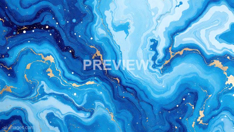 The image features an abstract pattern resembling swirling blue marble or fluid art, with various shades of blue ranging from dark navy to light sky blue. Gold accents are interwoven throughout the design, creating a striking contrast against the blue hues. Small white dots are scattered across the image, adding a sense of depth and celestial appearance.