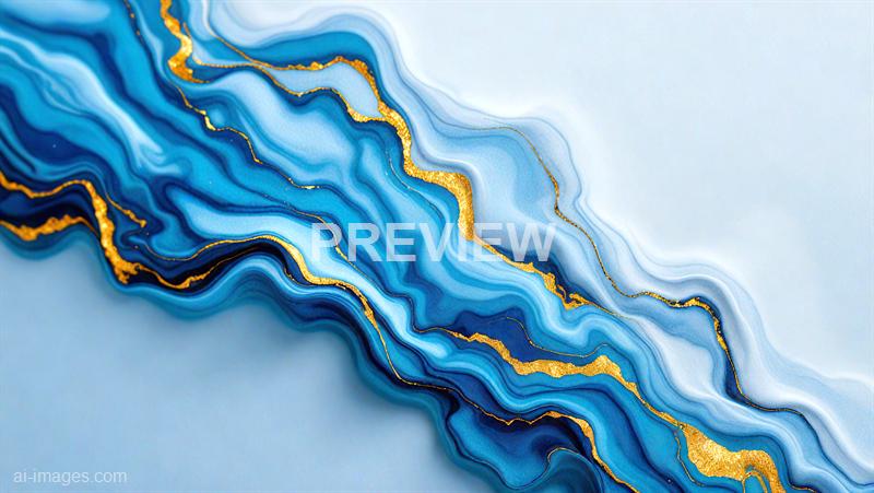 The image showcases an abstract design resembling flowing marble or watercolor with swirling shades of blue, ranging from light to dark. Thin, irregular lines of gold accentuate the flowing patterns, adding a touch of elegance and contrast to the cool blue tones. The overall composition has a fluid, dynamic feel, reminiscent of natural mineral veins or ocean currents.