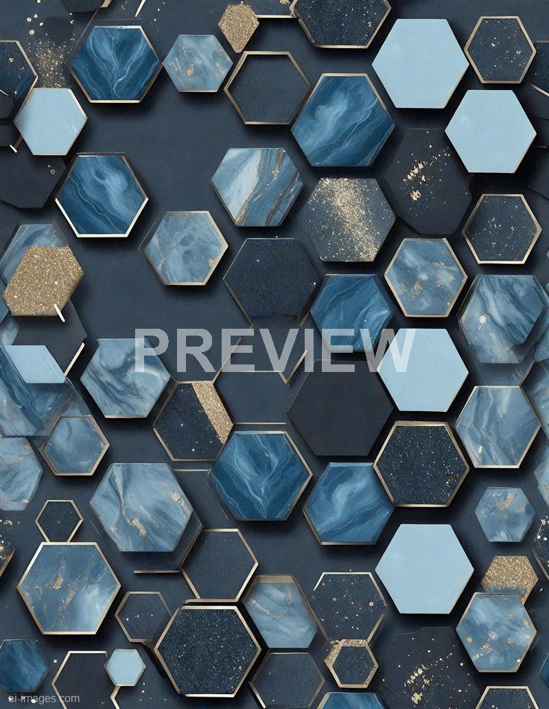 The image features an arrangement of hexagonal tiles in varying shades of blue, with some tiles having marbled or speckled patterns and others being solid colored. The tiles are framed with metallic edges and are laid out on a dark background, creating a geometric mosaic with a mix of matte and glossy finishes. There are also splashes of gold-colored particles scattered across the surface, adding a touch of sparkle and contrast to the overall design.