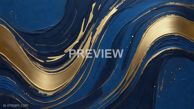 The image features an abstract painting with swirling patterns predominantly in deep blue and gold colors. The gold streaks and accents create flowing, wave-like designs that contrast vividly against the dark blue background, giving a sense of dynamic movement and elegance. The surface appears textured with visible brushstrokes and layered paint, adding depth to the composition.