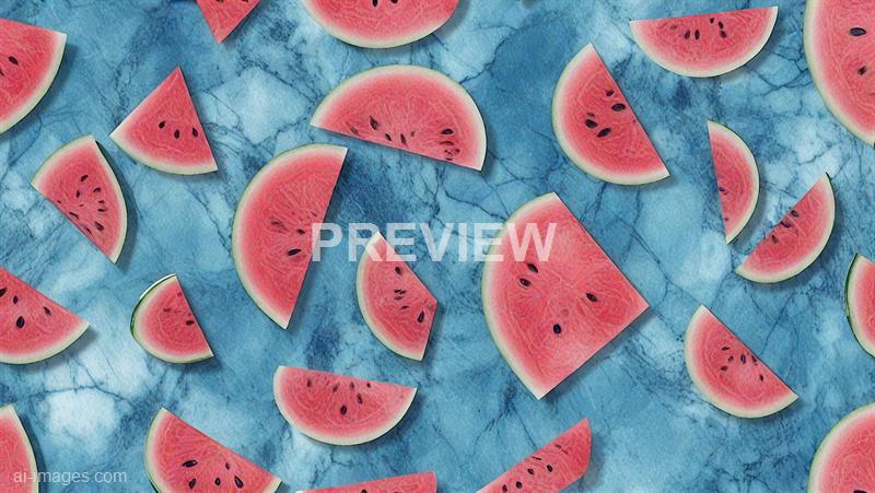 The image features numerous slices of watermelon scattered across a textured blue marble surface. The watermelon slices vary in size and shape, predominantly showing the vibrant pink flesh with black seeds, surrounded by a green rind with a white inner layer. The overall composition creates a colorful and refreshing visual contrast between the red-pink fruit and the cool blue background.
