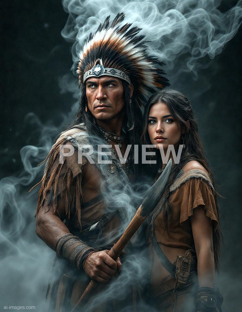 The image features two individuals dressed in primitive or tribal-inspired clothing, standing amidst swirling smoke or mist. The man is wearing a large, elaborate feathered headdress and holds a spear, with a serious and intense expression on his face. The woman beside him has long, dark hair and wears simple, rugged clothing, with a determined look, creating a powerful and mysterious atmosphere.