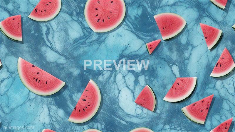 The image displays numerous slices of watermelon scattered across a blue marbled surface. The watermelon slices vary in size and are positioned in different orientations, revealing the vibrant pink flesh with black seeds and the green rind. The background has a textured, swirling pattern of various shades of blue, creating a striking contrast with the bright red and green of the fruit.