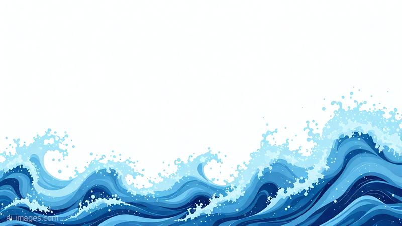 The image features an animated illustration of ocean waves at the bottom, depicted in various shades of blue with detailed splashes and foam, creating a lively and dynamic water scene. The background is predominantly white, providing a clean space above the waves, possibly for text or other design elements.