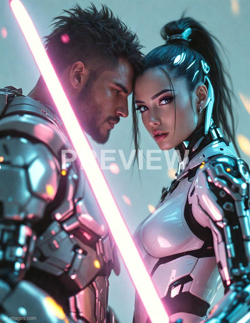 Two individuals dressed in advanced, futuristic armor are closely facing each other with intense expressions. The scene is illuminated by a glowing pink light sword, which they both seem to be engaged with, amidst swirling glowing particles, creating a high-tech, sci-fi atmosphere. Their hair and makeup are modern, complementing their cybernetic outfits and the overall digital aesthetic.