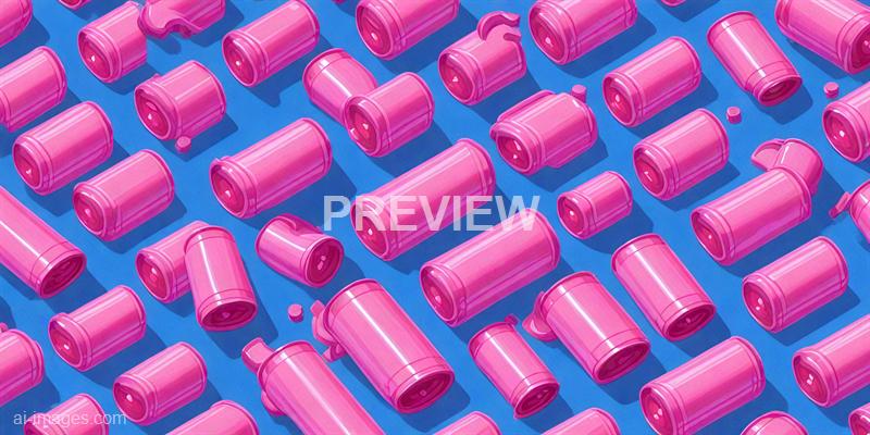 The image features a large number of pink pill bottles arranged in a scattered pattern on a blue background. The bottles are depicted with a shiny, reflective surface, giving them a glossy appearance, and some of the bottles have their caps open or are slightly tilted, with a few small pills visible around them.